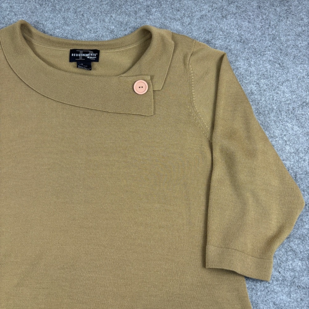 Requirements Knit Sweater Womens 1X Mustard Tan Asym Button Collar 3/4 Sleeve